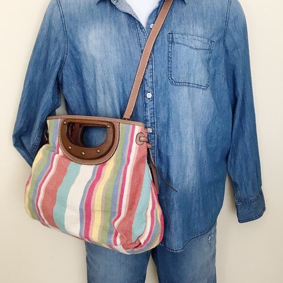 Fossil Spring Striped Fabric Cloth Satchel Crossbody Purse Bag Wooden Handles - Picture 11 of 12